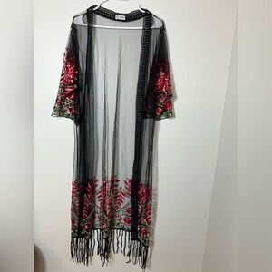 embroidered Mesh Long Duster Black Floral Beach OS Up‎ To Large Boho Long Sleeve